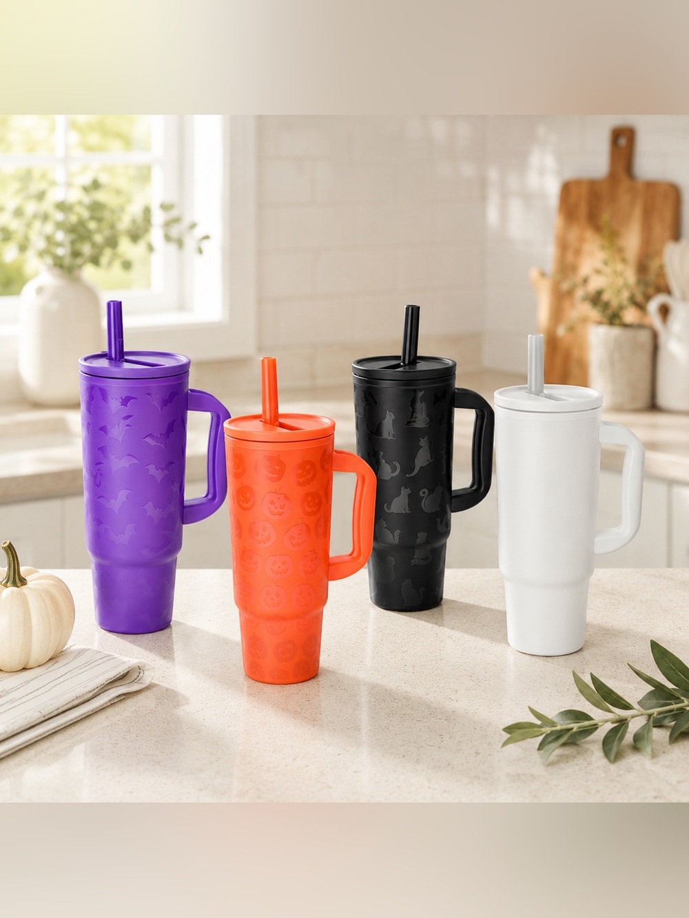 NEW Halloween Embossed Tumbler Set of 4 Cat Bat Ghost Pumpkin